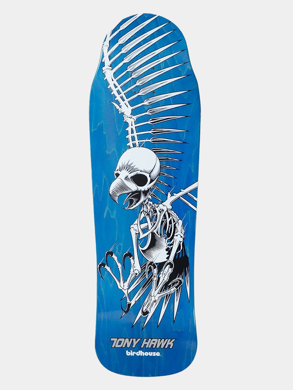 A skateboard deck featuring a blue background with a large white and black bird skeleton graphic and the text 'TONY HAWK' and 'birdhouse' at the bottom.