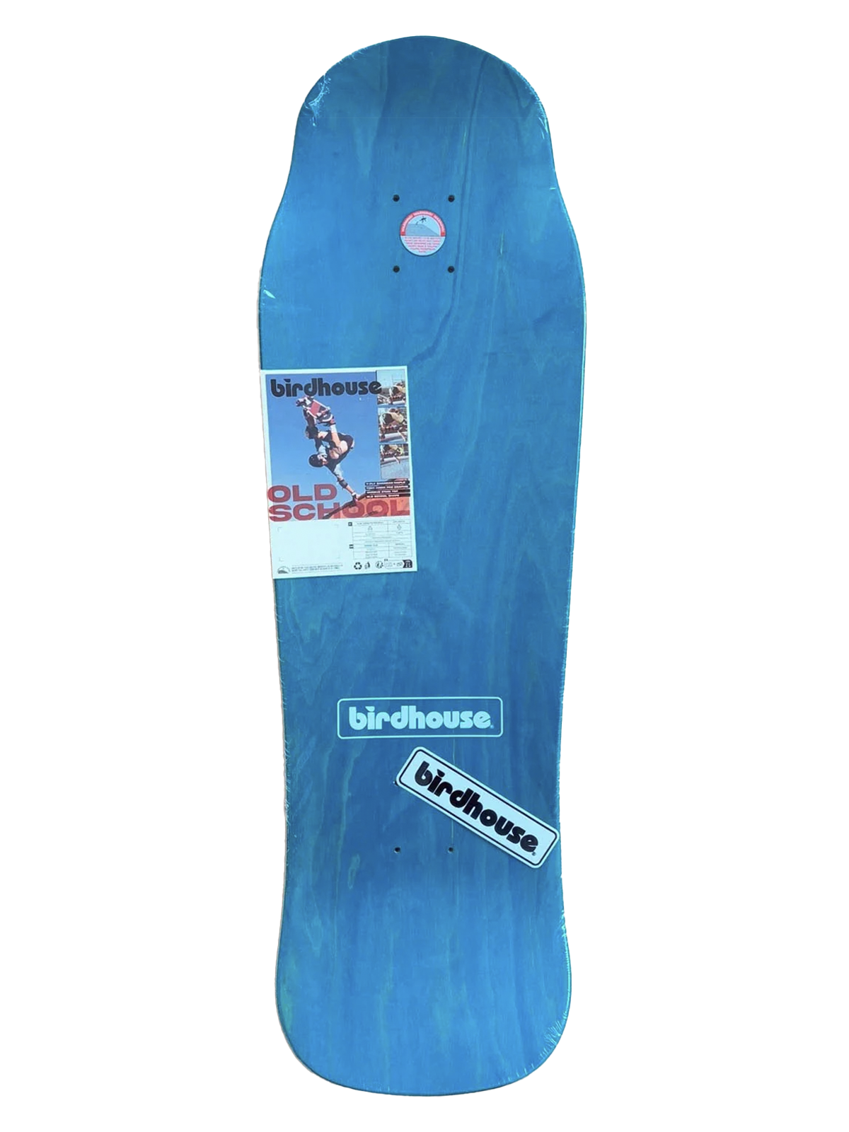 A skateboard deck featuring a blue background with 'TONY HAWK' 'birdhouse' logo at the bottom.