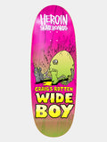 A skateboard deck featuring a vibrant pink and green gradient graphic with a cartoon character and bold text reading 'HEROIN SKATEBOARDS' and 'CRAIGS ROTTEN WIDE BOY'.