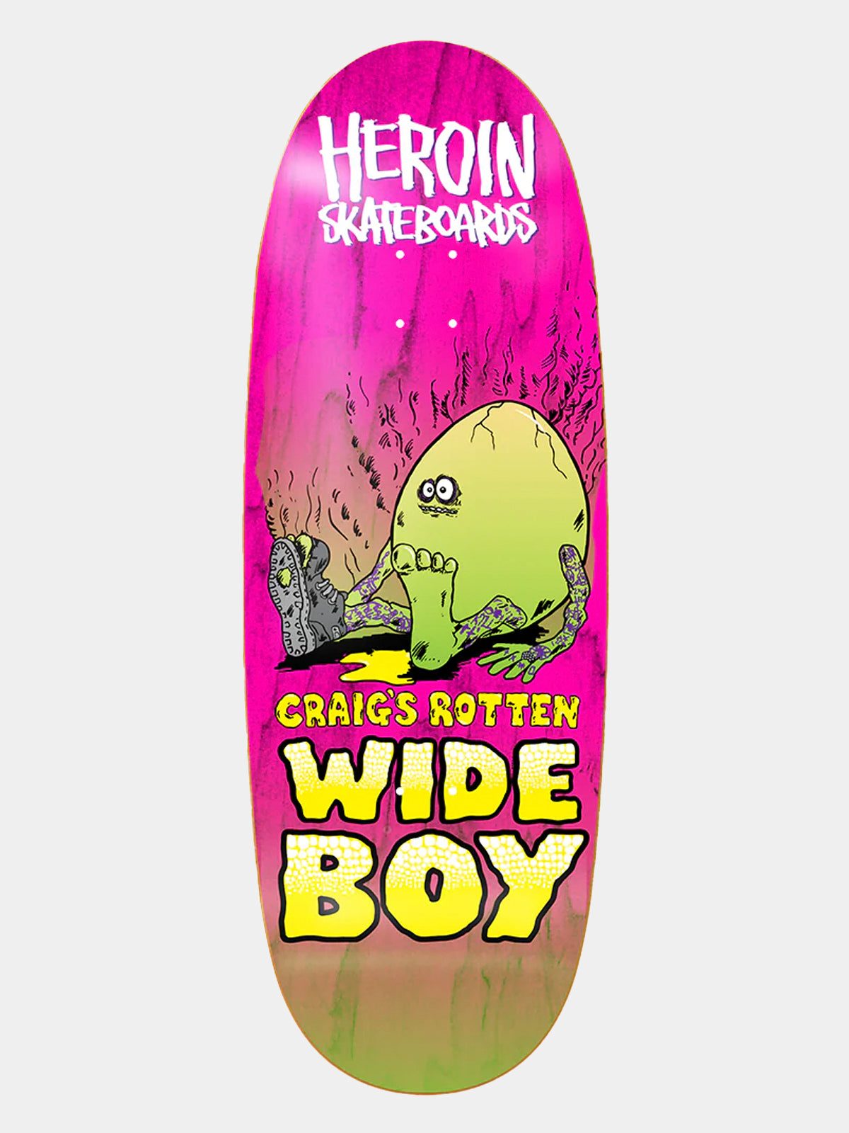 A skateboard deck featuring a vibrant pink and green gradient graphic with a cartoon character and bold text reading 'HEROIN SKATEBOARDS' and 'CRAIGS ROTTEN WIDE BOY'.