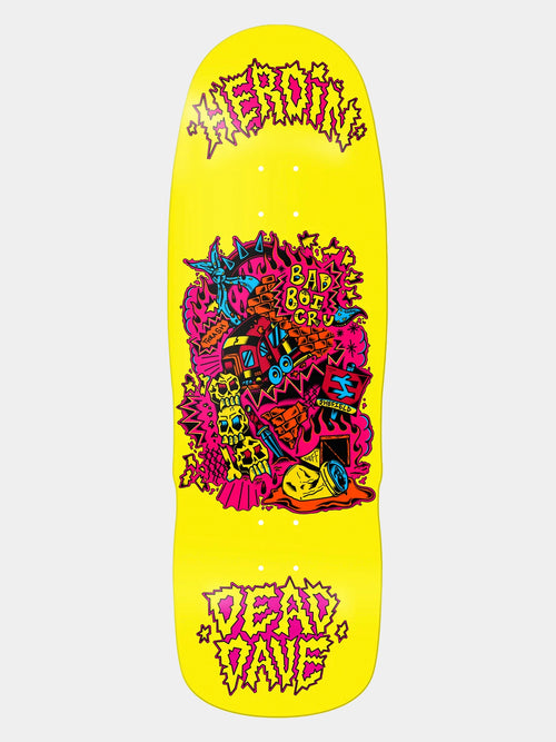 Heroin skateboard deck bright yellow with neon pink, red and blue train lines. 'DEAD DAVE' written in neon pink on it and HEROIN branding.