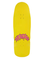 Heroin skateboard deck bright yellow with neon pink 'HEROIN' branding.