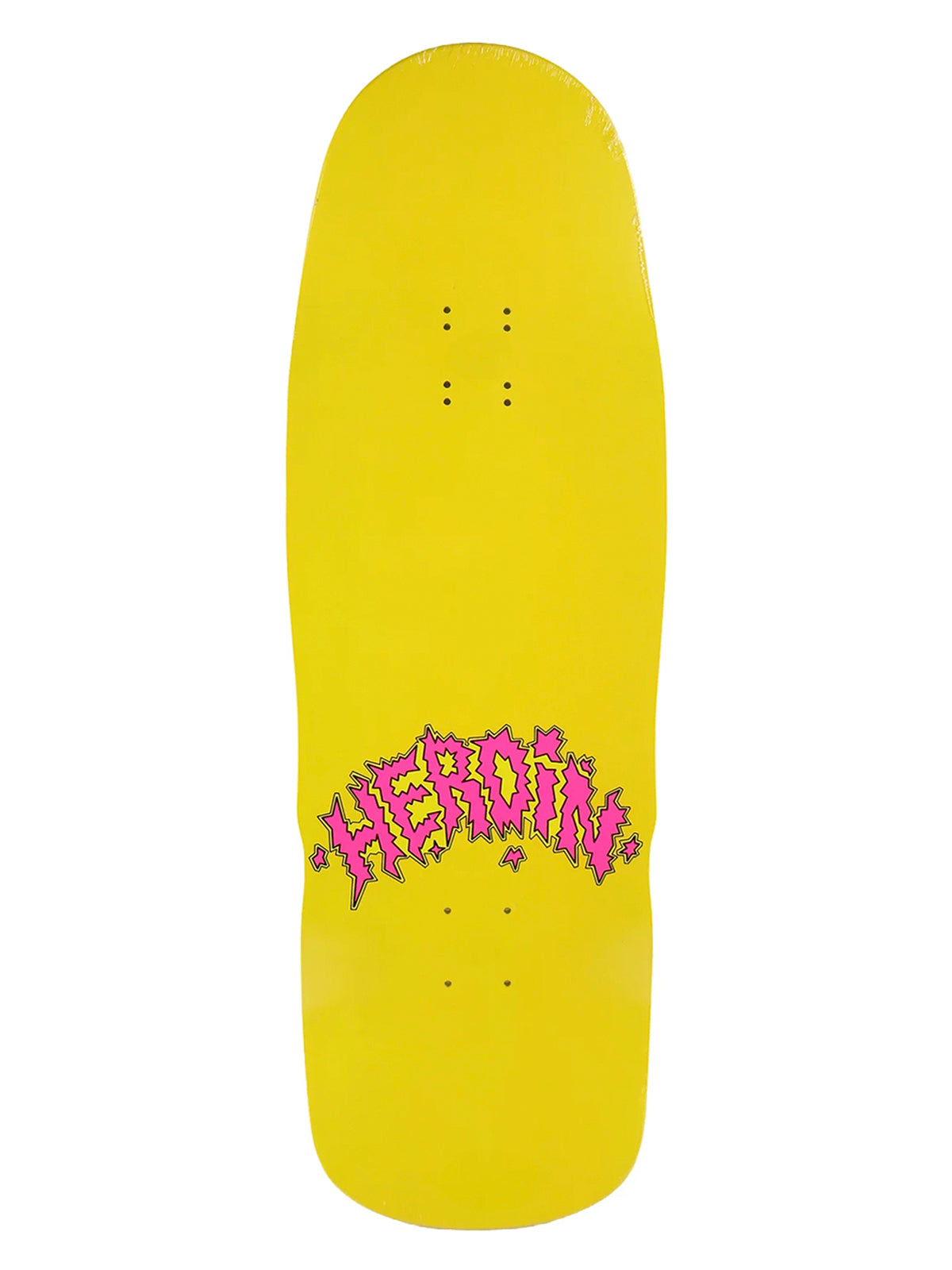 Heroin skateboard deck bright yellow with neon pink 'HEROIN' branding.