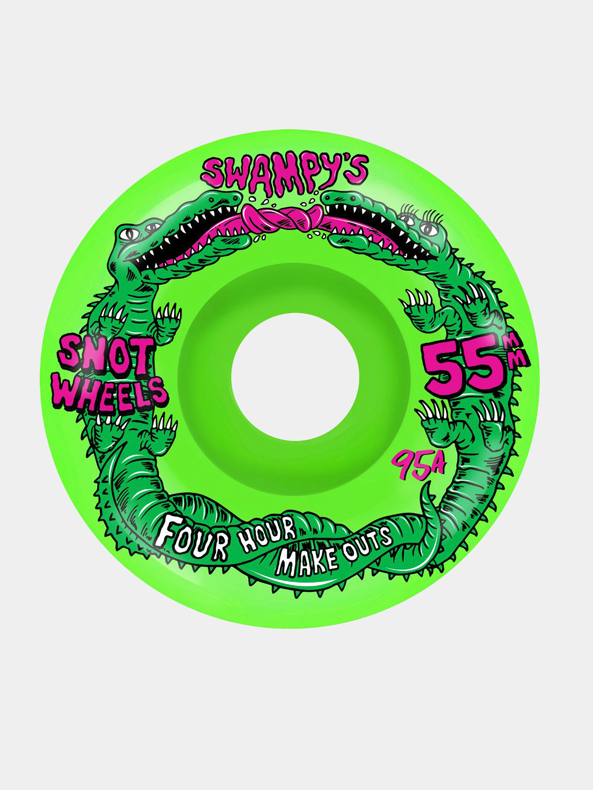 A single skateboard wheel from Swampy's Snot Wheels, featuring a bright neon green base with a detailed green alligator graphic, pink text, and white text on a light gray background.