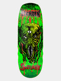 Heroin Swampy Pro skateboard deck ko2 Slime in lime green neon with Swamp Creature and blood drips. HEROIN and SWAMPY branding in red.