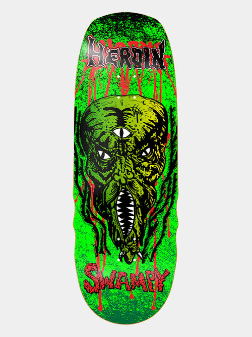 Heroin Swampy Pro skateboard deck ko2 Slime in lime green neon with Swamp Creature and blood drips. HEROIN and SWAMPY branding in red.