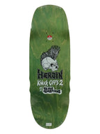 Heroin Swampy Pro skateboard deck ko2 Slime in green wood stain with graphic of Mohawk Skull in black and white. HEROIN and KNOCK OFFS 2 Art by CRAIG QUESTIONS in dripping black branding.