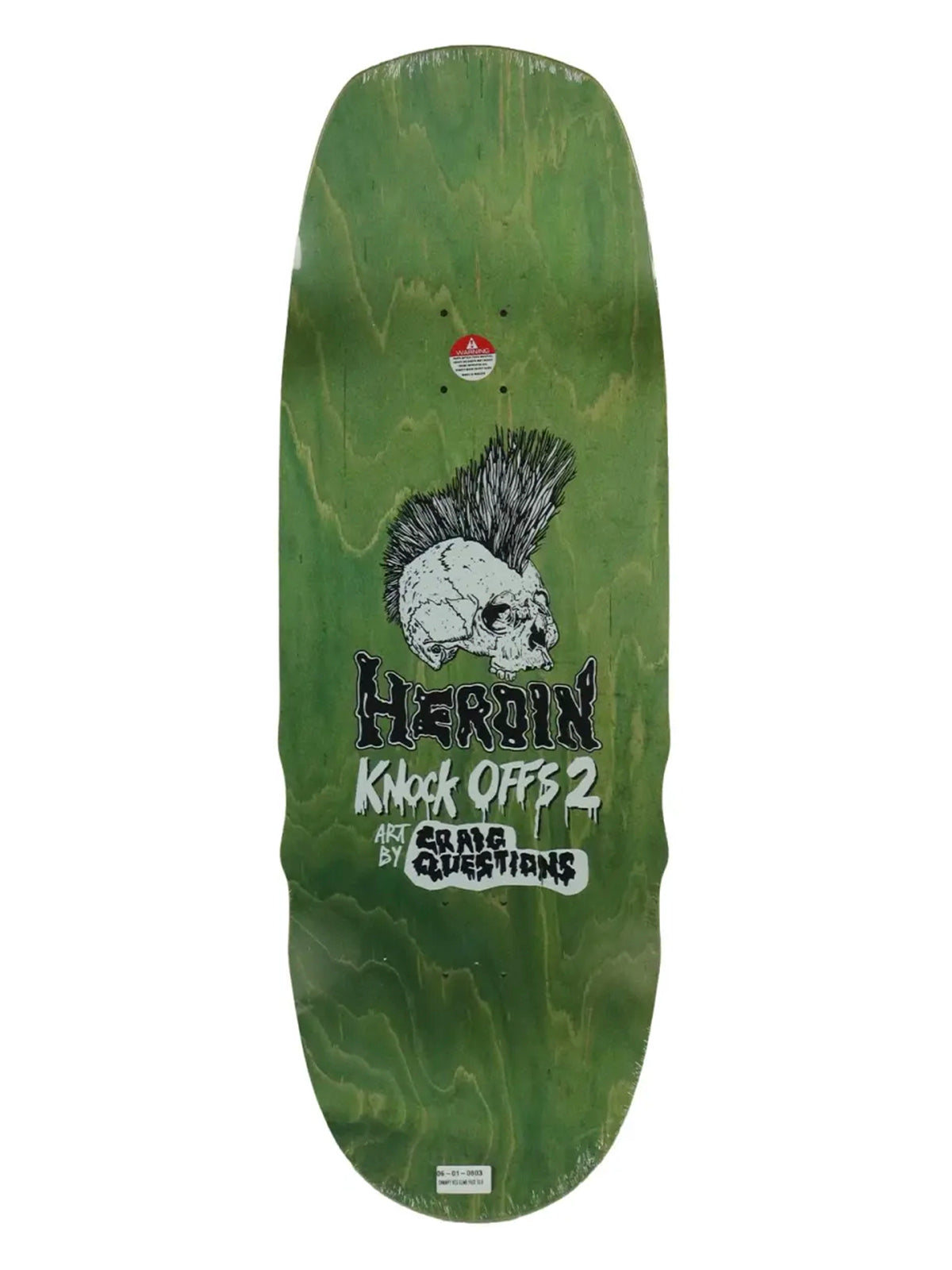 Heroin Swampy Pro skateboard deck ko2 Slime in green wood stain with graphic of Mohawk Skull in black and white. HEROIN and KNOCK OFFS 2 Art by CRAIG QUESTIONS in dripping black branding.
