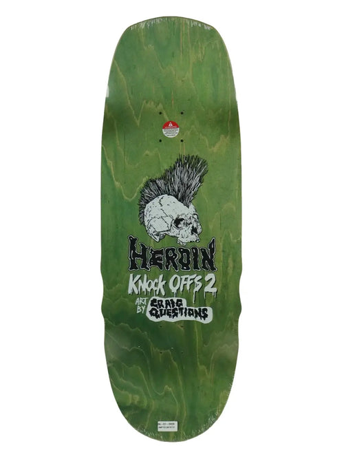 Heroin Swampy Pro skateboard deck ko2 Slime in green wood stain with graphic of Mohawk Skull in black and white. HEROIN and KNOCK OFFS 2 Art by CRAIG QUESTIONS in dripping black branding.