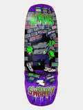 Heroin 'Swampy Stomp' skateboard deck with neon green 'HEROIN SWAMPY' written on it and hoodie crocodile lurking in the graffiti subway. 