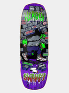 Heroin 'Swampy Stomp' skateboard deck with neon green 'HEROIN SWAMPY' written on it and hoodie crocodile lurking in the graffiti subway. 