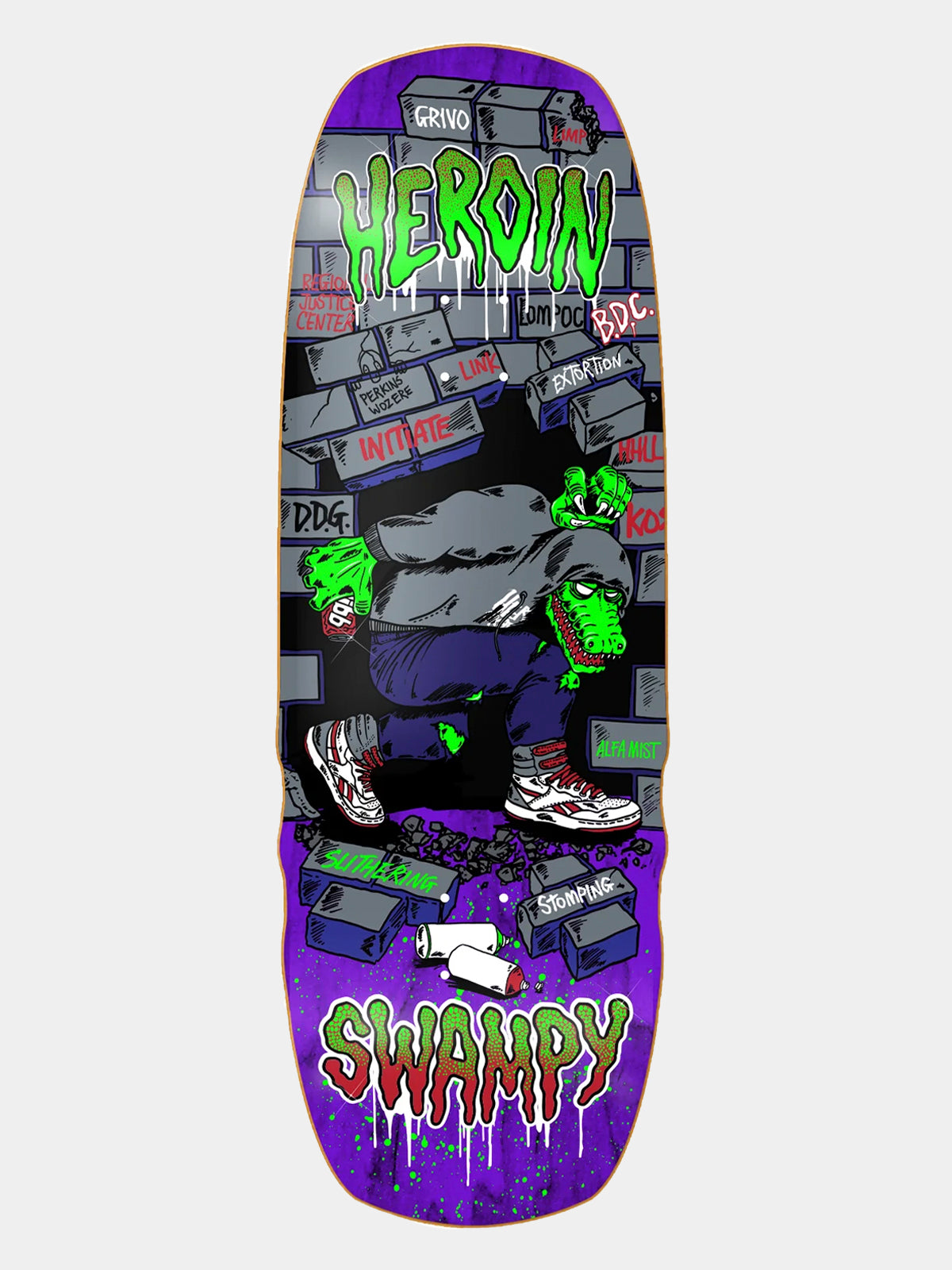 Heroin 'Swampy Stomp' skateboard deck with neon green 'HEROIN SWAMPY' written on it and hoodie crocodile lurking in the graffiti subway. 