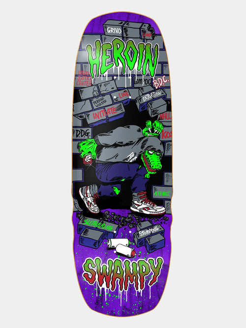 Heroin 'Swampy Stomp' skateboard deck with neon green 'HEROIN SWAMPY' written on it and hoodie crocodile lurking in the graffiti subway. 
