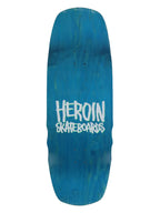 Heroin 'Swampy Stomp' skateboard deck in turquoise blue woodgrain with 'HEROIN SKATEBOARDS' written on it.