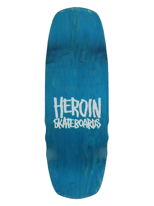 Heroin 'Swampy Stomp' skateboard deck in turquoise blue woodgrain with 'HEROIN SKATEBOARDS' written on it.