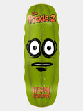 Heroin skateboard deck 'THE PICKLE 2' in orange written on giant green pickle graphic with large, white eyes. 'HEROIN Skateboards' branding in orange.