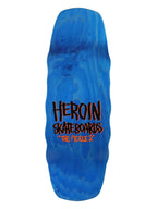 Heroin skateboard deck cobalt blue woodgrain with 'HEROIN Skateboards The Pickle 2' branding in orange.