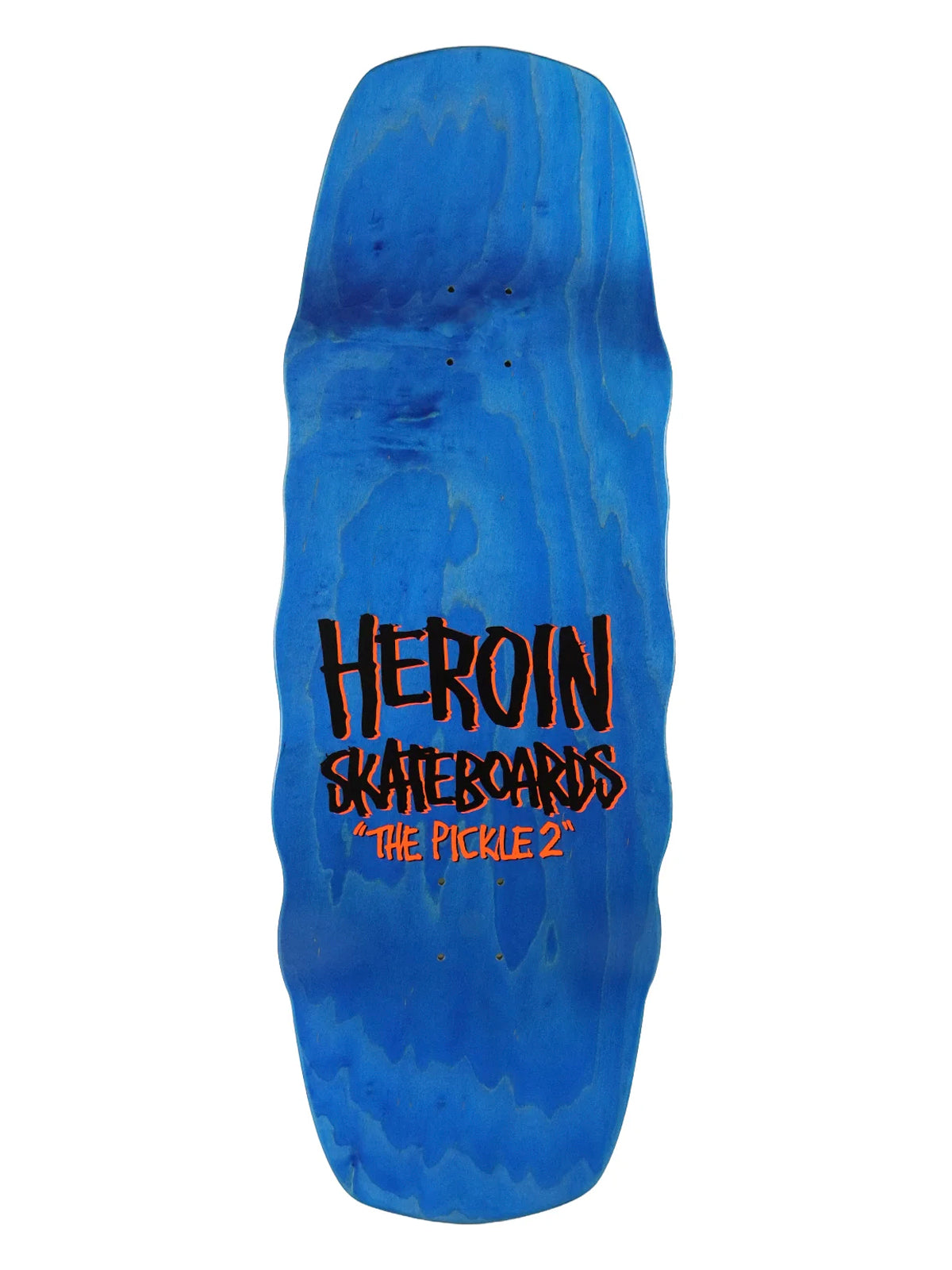 Heroin skateboard deck cobalt blue woodgrain with 'HEROIN Skateboards The Pickle 2' branding in orange.