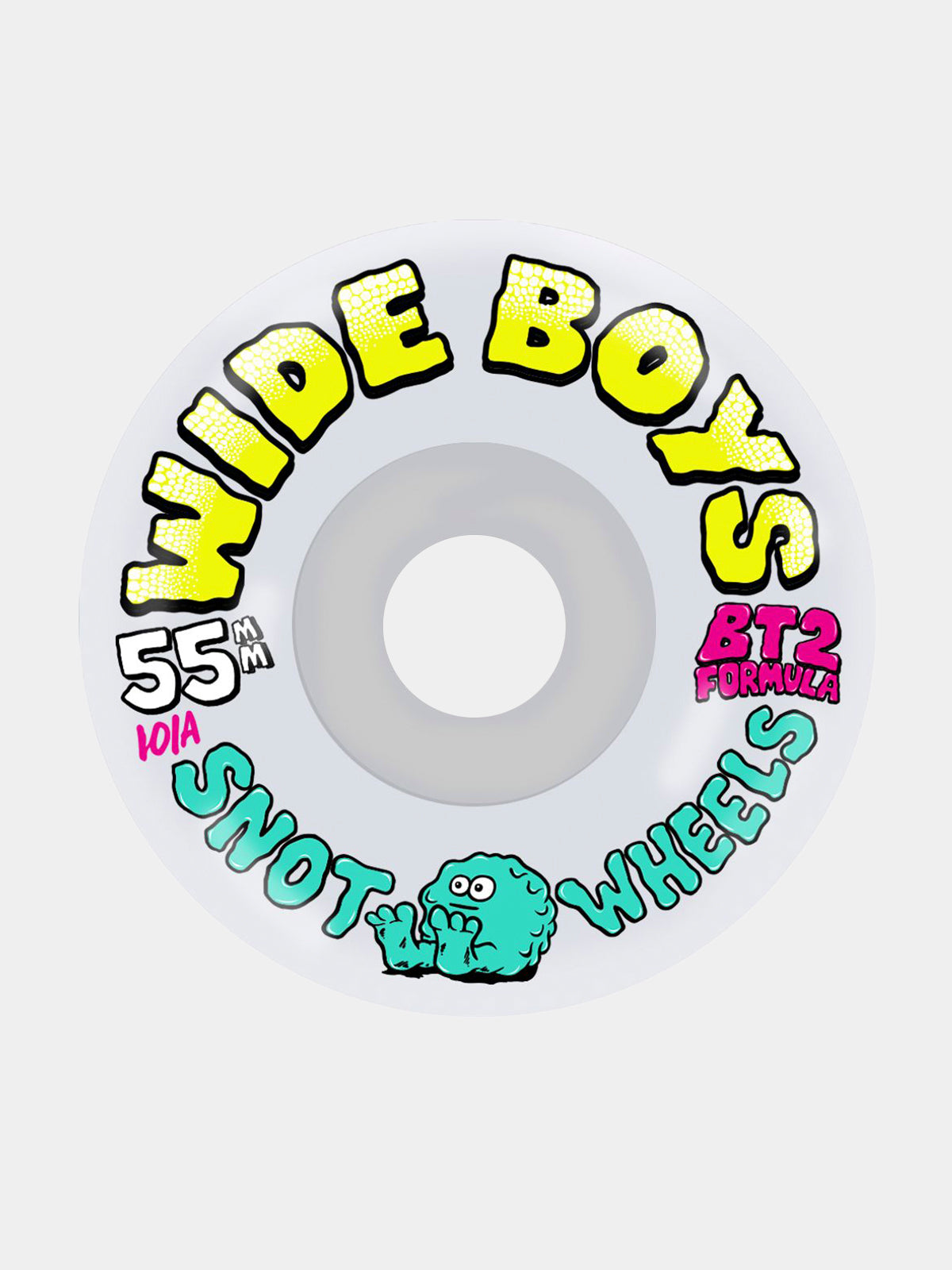 A single skateboard wheel from Wide Boys Snout Wheels, featuring a white outer barrel with bold yellow 'WIDE BOYS' text, teal 'SNOUT' lettering, pink 'WHEELS' text, and a small green cartoon character. The wheel also shows '55mm' and 'BT2 Formula' markings.