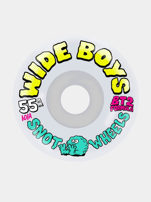 A single skateboard wheel from Wide Boys Snout Wheels, featuring a white outer barrel with bold yellow 'WIDE BOYS' text, teal 'SNOUT' lettering, pink 'WHEELS' text, and a small green cartoon character. The wheel also shows '55mm' and 'BT2 Formula' markings.