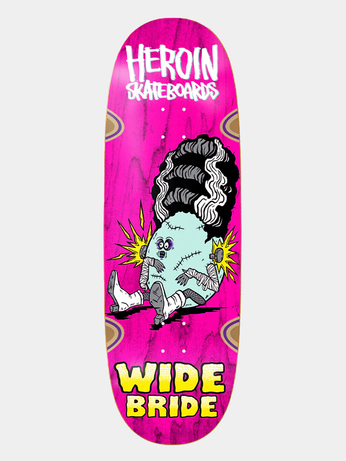 A skateboard deck featuring a bright pink background with a cartoon graphic of a stitched zombie-like figure with a large black afro, and bold text reading 'HEROIN SKATEBOARDS' at the top and 'WIDE BRIDE' at the bottom.