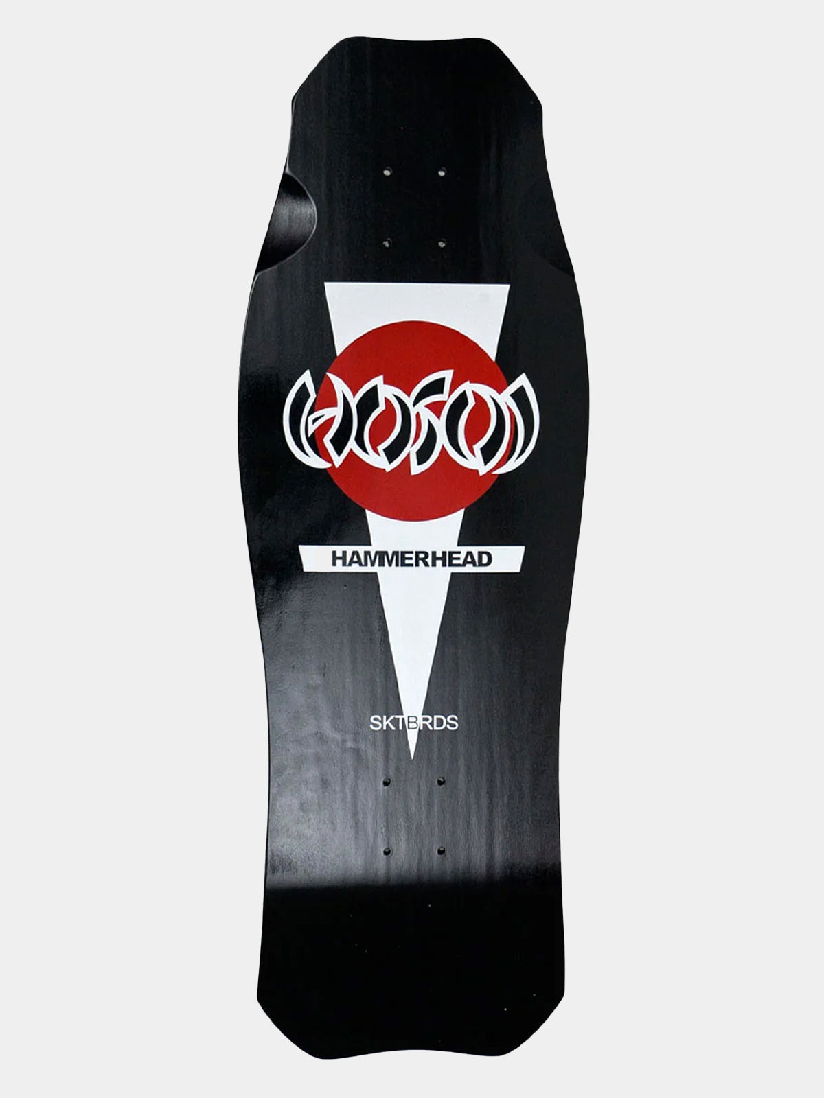 A black longboard skateboard deck featuring a bold graphic design with a red circle, white stylized logo, and the text 'HAMMERHEAD' and 'SKATEDS'.