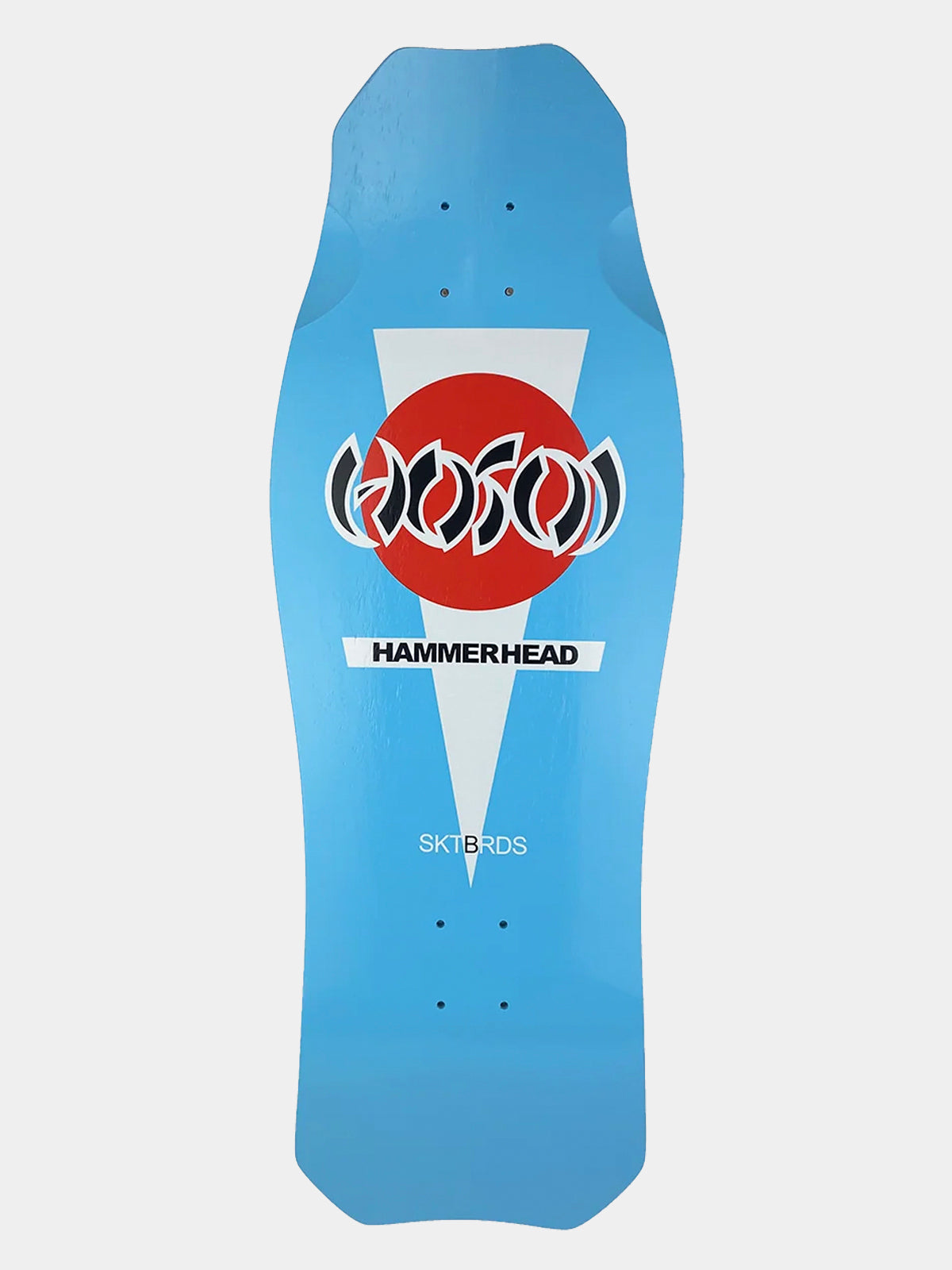 A light blue longboard skateboard deck featuring a red and white Hammerhead logo with stylized text, on a light gray background.