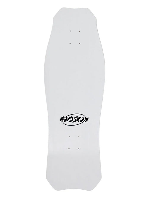 A white longboard skateboard deck with a black MOSON logo printed in the center, shown against a plain white background.
