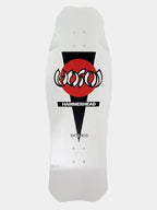A white longboard skateboard deck featuring a bold graphic with a red circle, black geometric shapes, stylized lettering, and the text 'HAMMERHEAD' and 'SKTBRDS' on a light gray background.