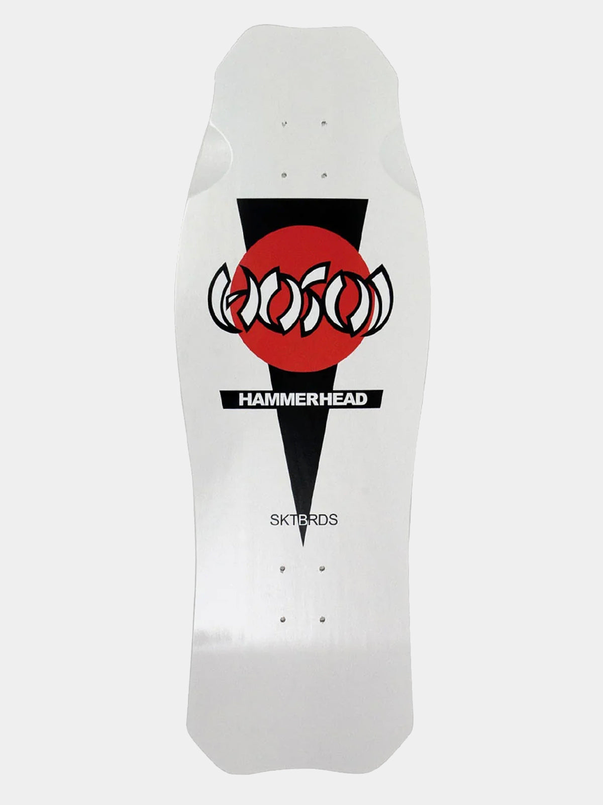 A white longboard skateboard deck featuring a bold graphic with a red circle, black geometric shapes, stylized lettering, and the text 'HAMMERHEAD' and 'SKTBRDS' on a light gray background.