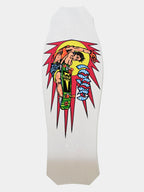 A white skateboard deck featuring a large graphic print of a skateboarder in mid-air with red lightning bolts, a yellow sun, and a blue-and-white striped snake.