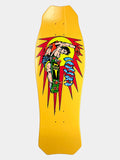 A yellow skateboard deck featuring a graphic illustration of a muscular man in a red starburst shape, with blue and red snakes on the right side, shown against a light gray background.