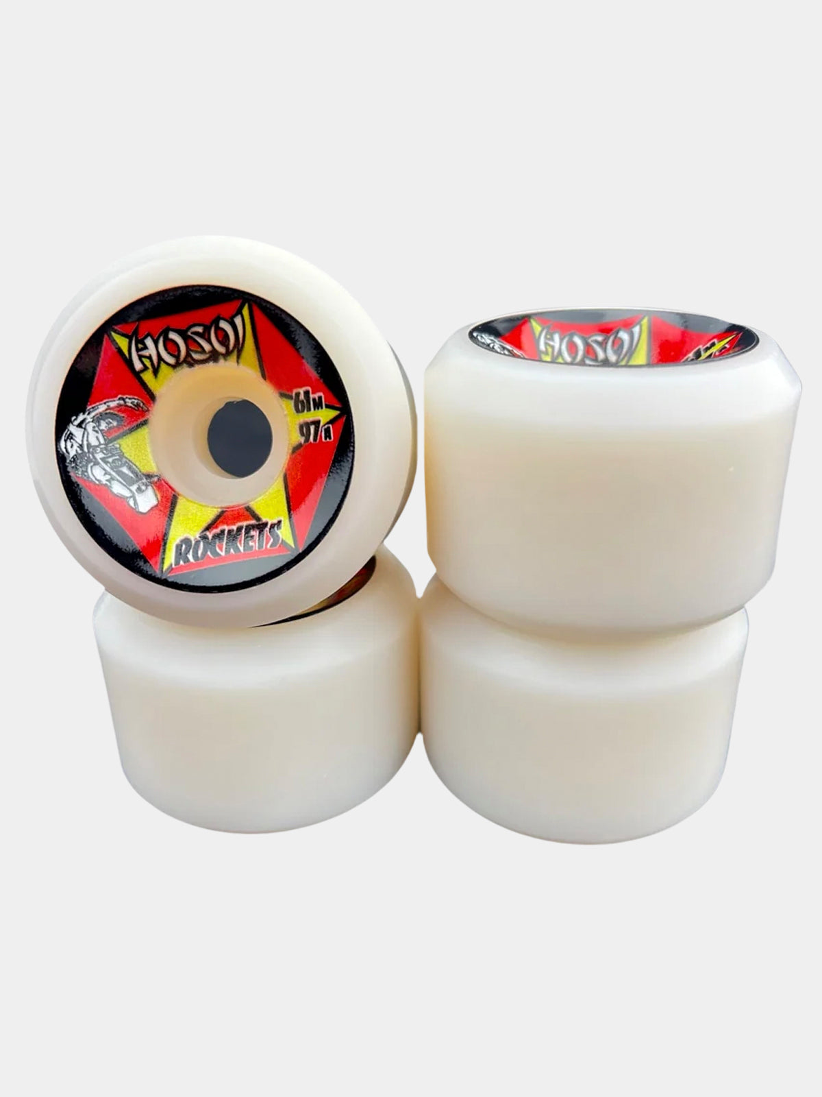 Four off-white skateboard wheels, with two stacked and two standing upright, showing the Hosoi Rockets brand graphic on the inner core.