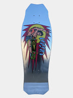 A longboard skateboard deck featuring a graphic illustration of a tattooed man with a snake wrapped around his arm, set against a blue and gray gradient background.