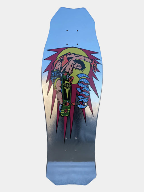 A longboard skateboard deck featuring a graphic illustration of a tattooed man with a snake wrapped around his arm, set against a blue and gray gradient background.
