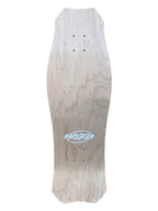 A long, narrow skateboard deck made of natural light-colored wood with visible grain, featuring a white 'KOSON' logo near the bottom center and pre-drilled grip tape holes.