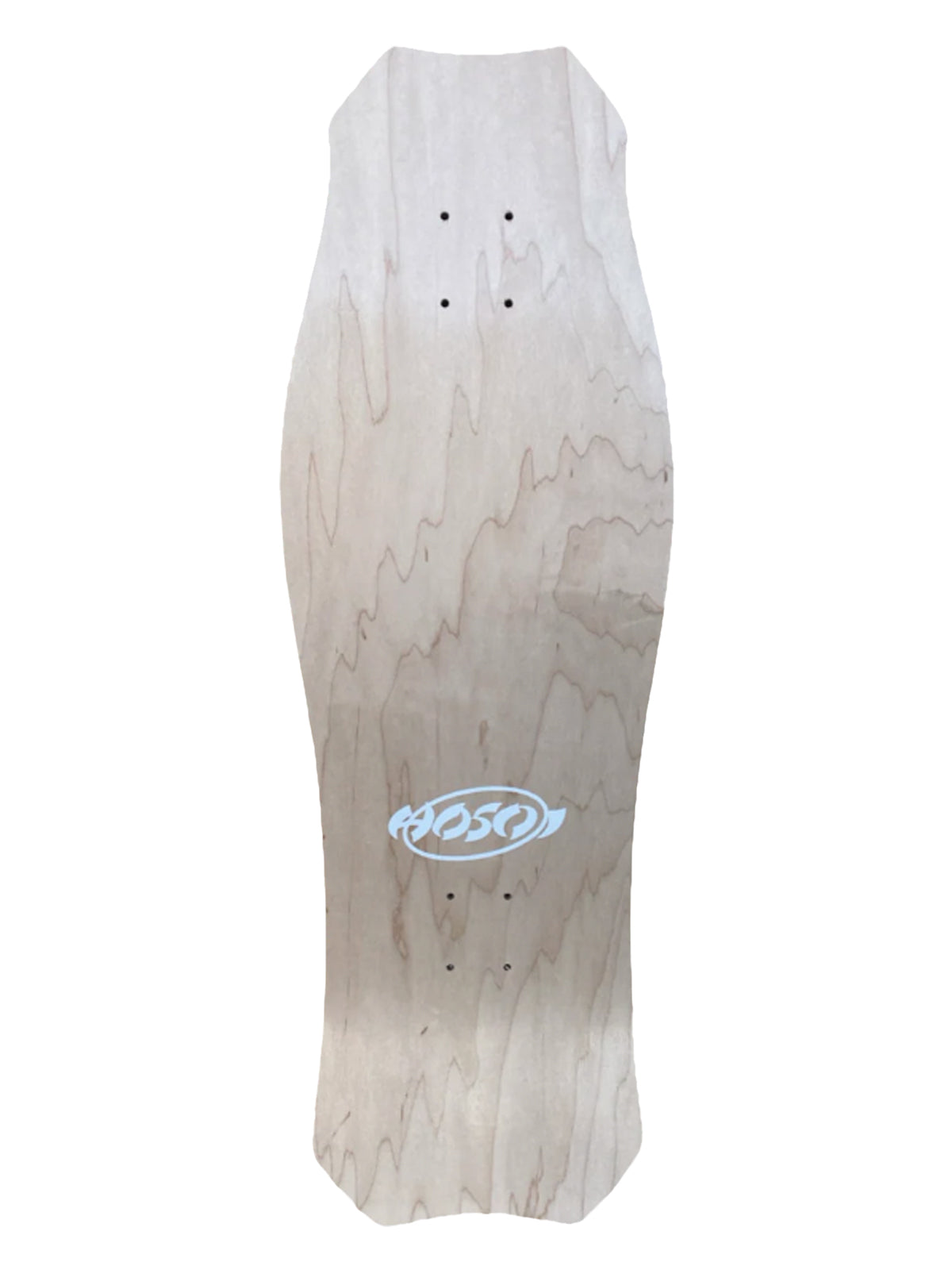 A long, narrow skateboard deck made of natural light-colored wood with visible grain, featuring a white 'KOSON' logo near the bottom center and pre-drilled grip tape holes.