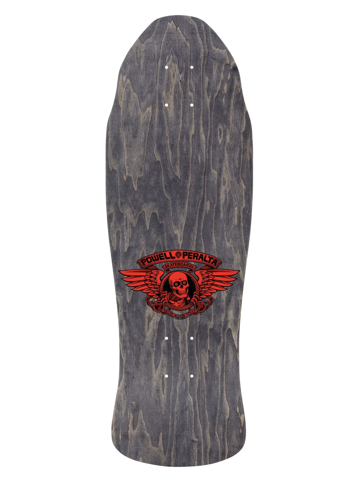 Powell Peralta caballero street skateboard deck in grey woodgrain with red skeleton logo with angel wings and Powell Peralta written on it.
