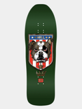 Powell Peralta Frankie Hill skateboard deck in dark green with Bulldog face on it and 'FRANKIE HILL' signature in gold.
