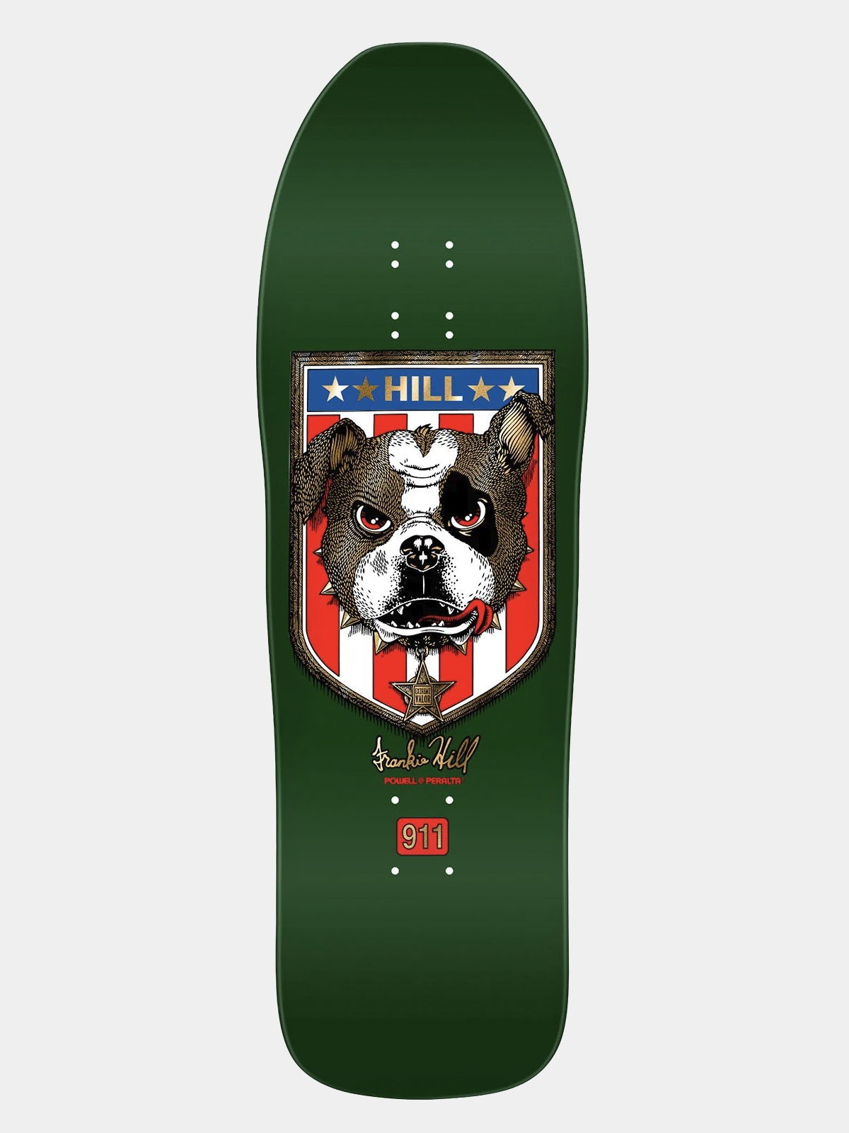 Powell Peralta Frankie Hill skateboard deck in dark green with Bulldog face on it and 'FRANKIE HILL' signature in gold.