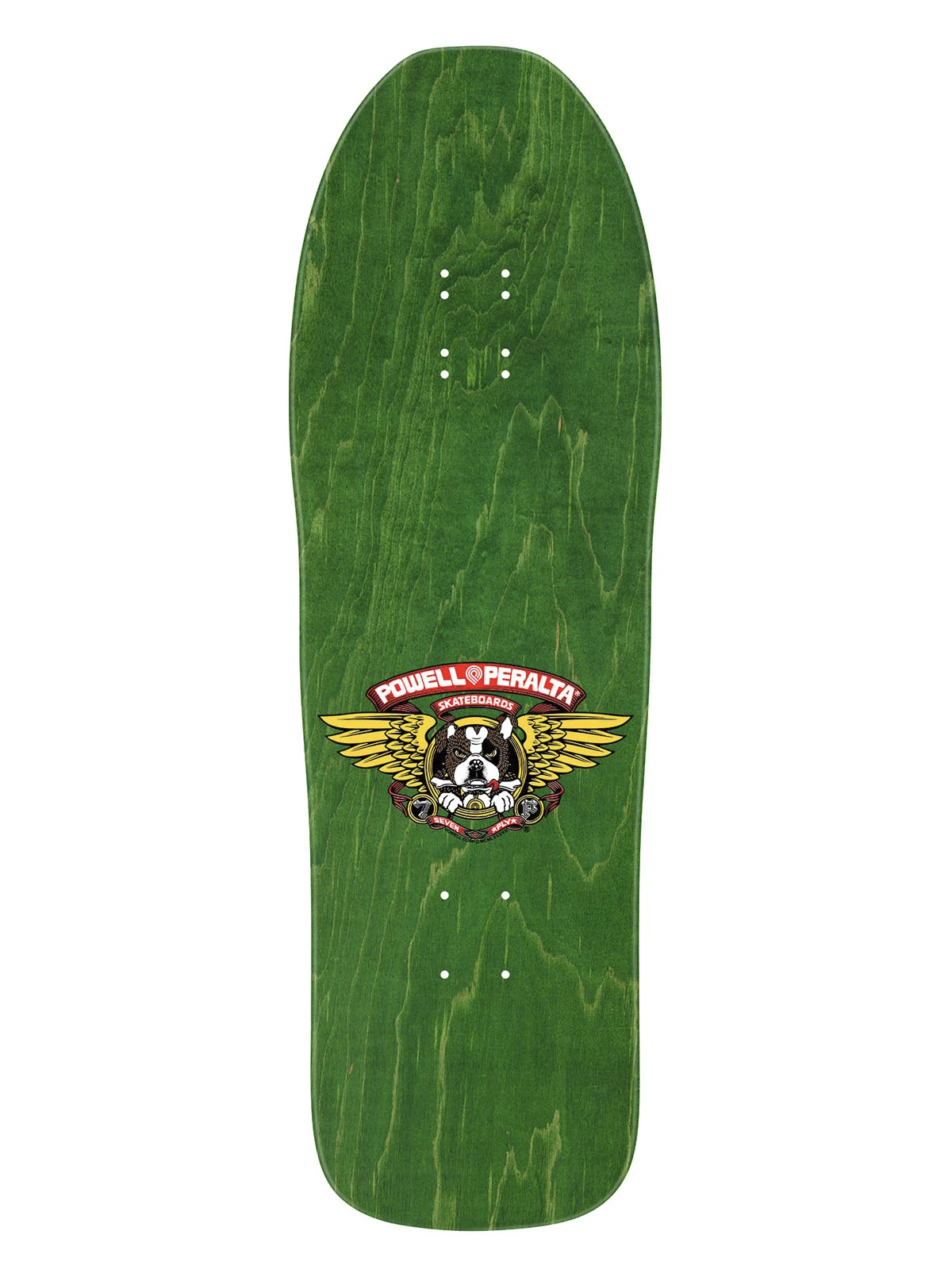 Powell Peralta Frankie Hill skateboard deck in green woodstain with Powell Peralta Bulldog face logo with wings on it.