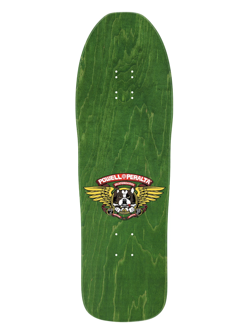 Powell Peralta Frankie Hill skateboard deck in green woodstain with Powell Peralta Bulldog face logo with wings on it.