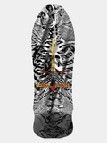 Powell Peralta Skateboard deck with black and white Geegah skull behind yellow and red sword and 'Powell Peralta' branding.