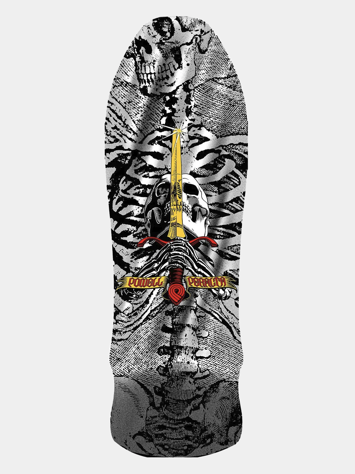 Powell Peralta Skateboard deck with black and white Geegah skull behind yellow and red sword and 'Powell Peralta' branding.