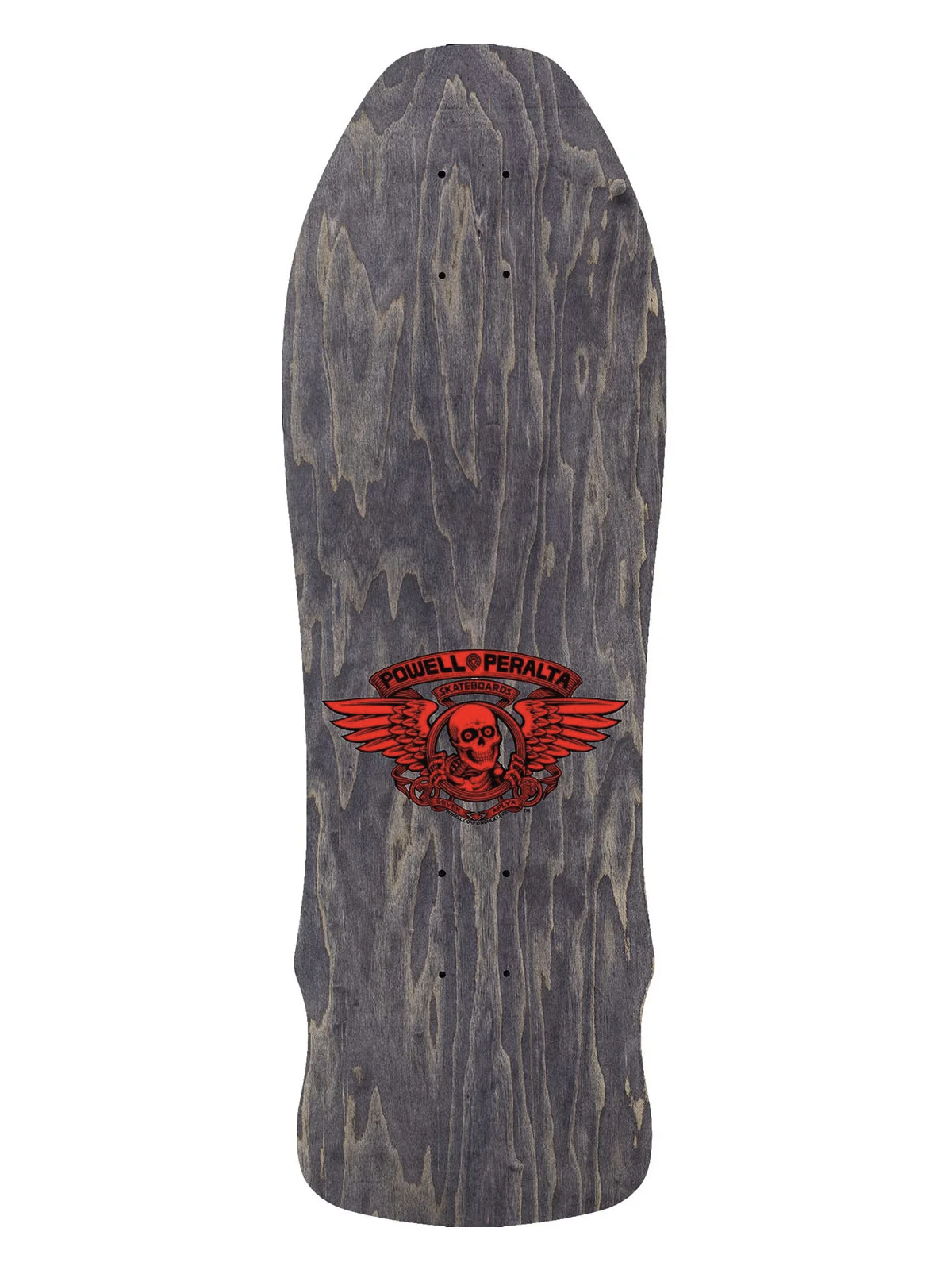 Powell Peralta Skateboard deck in dark grey woodgrain with red Geegah Skull logo and 'Powell Peralta' branding.