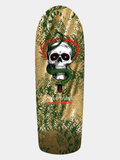 Powell Peralta skateboard deck with skull and green snake, with red bolt halo. 'MIKE MCGILL' signature in white on it.