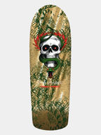 Powell Peralta skateboard deck with skull and green snake, with red bolt halo. 'MIKE MCGILL' signature in white on it.