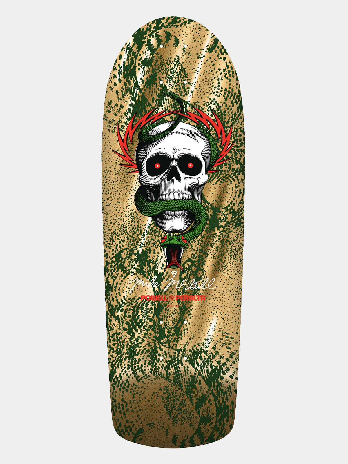Powell Peralta skateboard deck with skull and green snake, with red bolt halo. 'MIKE MCGILL' signature in white on it.
