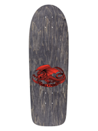 Powell Peralta skateboard deck in grey woodgrain with red POWELL PERALTA dragon logo on it.