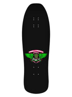 Powell Peralta Nicky Guerrero Mask Blacklight Skateboard Deck in plain black with 'POWELL PERALTA' typography with Neon Pink and Green Polynesian  Winged Ripper logo branding.